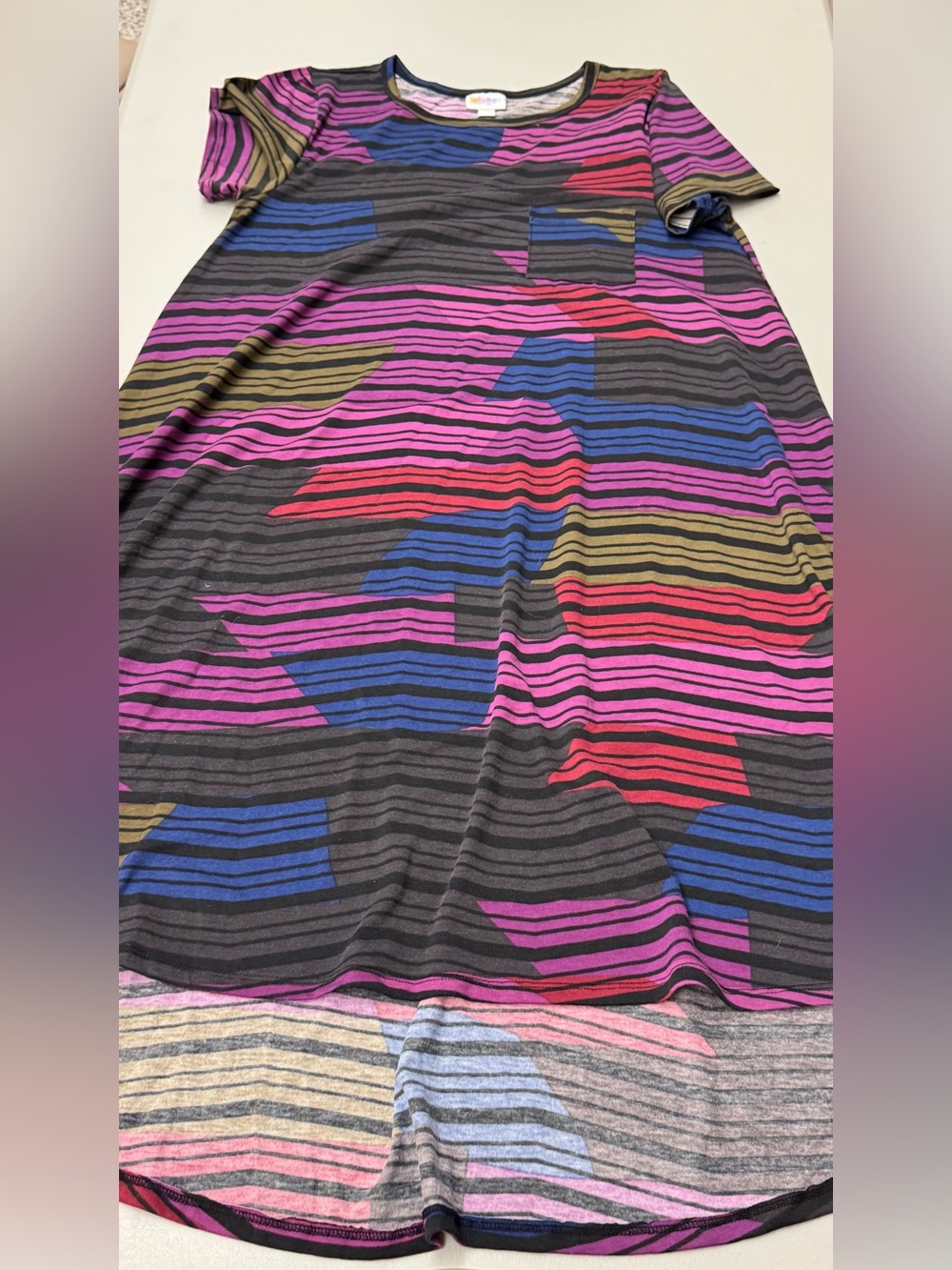 LuLaRoe High-Low Carly Dress in Charcoal with Pink, Blue & Red Stripes